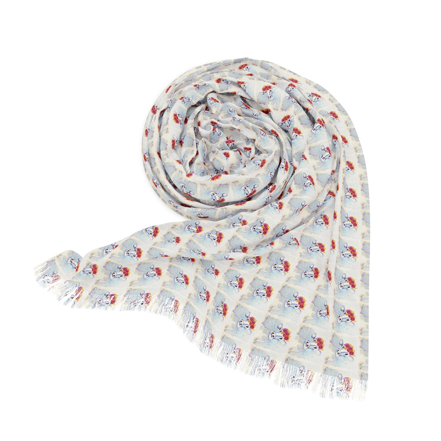 Colorful Scarf — Artistic Lightweight Neck Wrap- Adorable Cow #20 with Crown of Roses