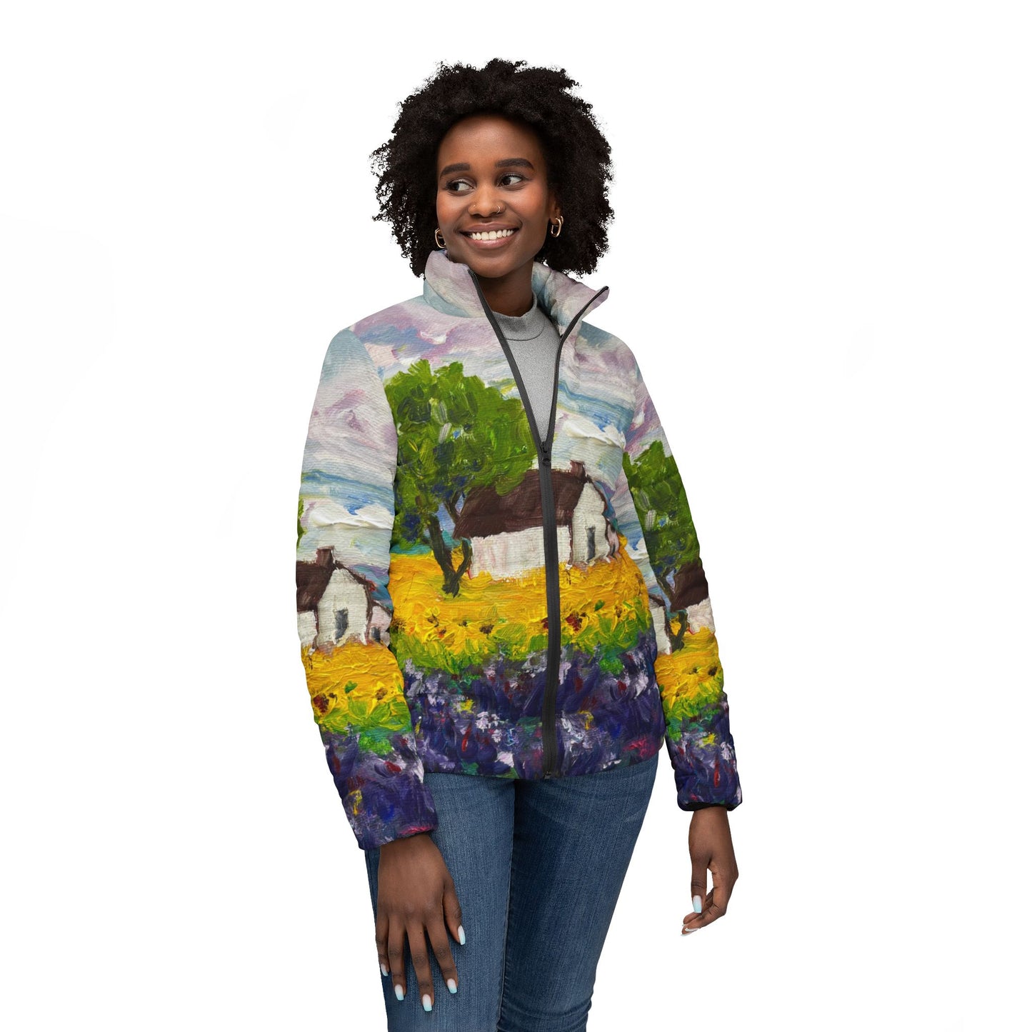 Women's Puffer Jacket - Roxy Rich Fine Art -Sunflowers and Lavender Provence