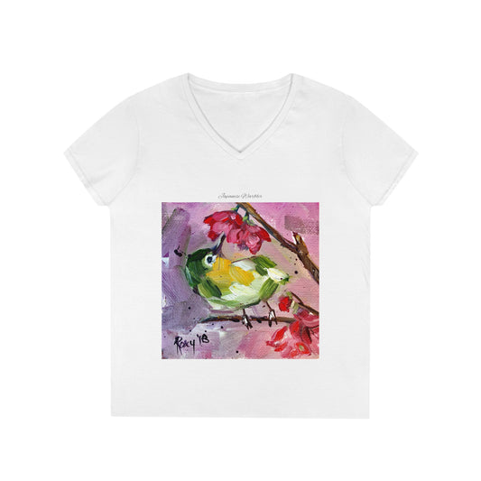Camiseta con cuello en V para mujer Pájaro curruca japonesa