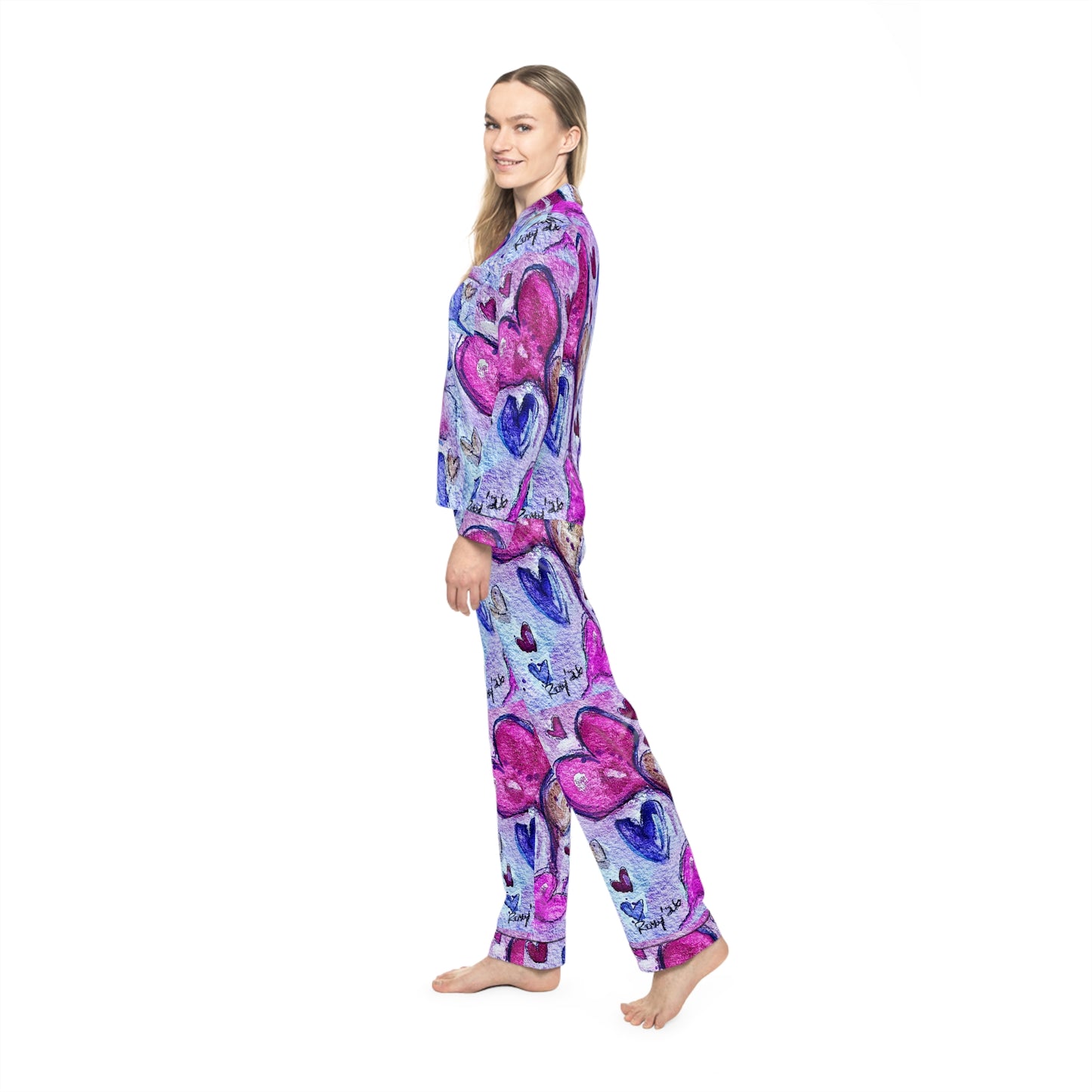 Satin Pajamas — Luxurious Silky Sleepwear Set- Floating Hearts Parade-Valentine Anniversary Wedding