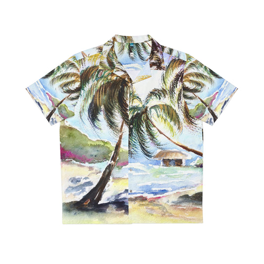 Hawaii Awaits Original Palm Trees Hawaiin Watercolor Landscape Men's Hawaiian Shirt