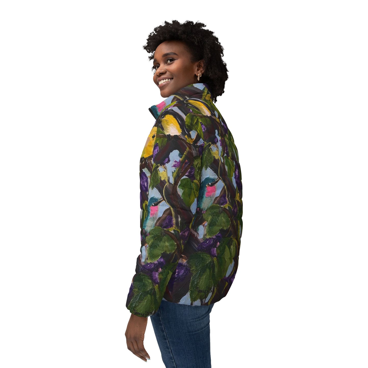 Women's Puffer Jacket - Roxy Rich Fine Art Design-Birds on the Lattice