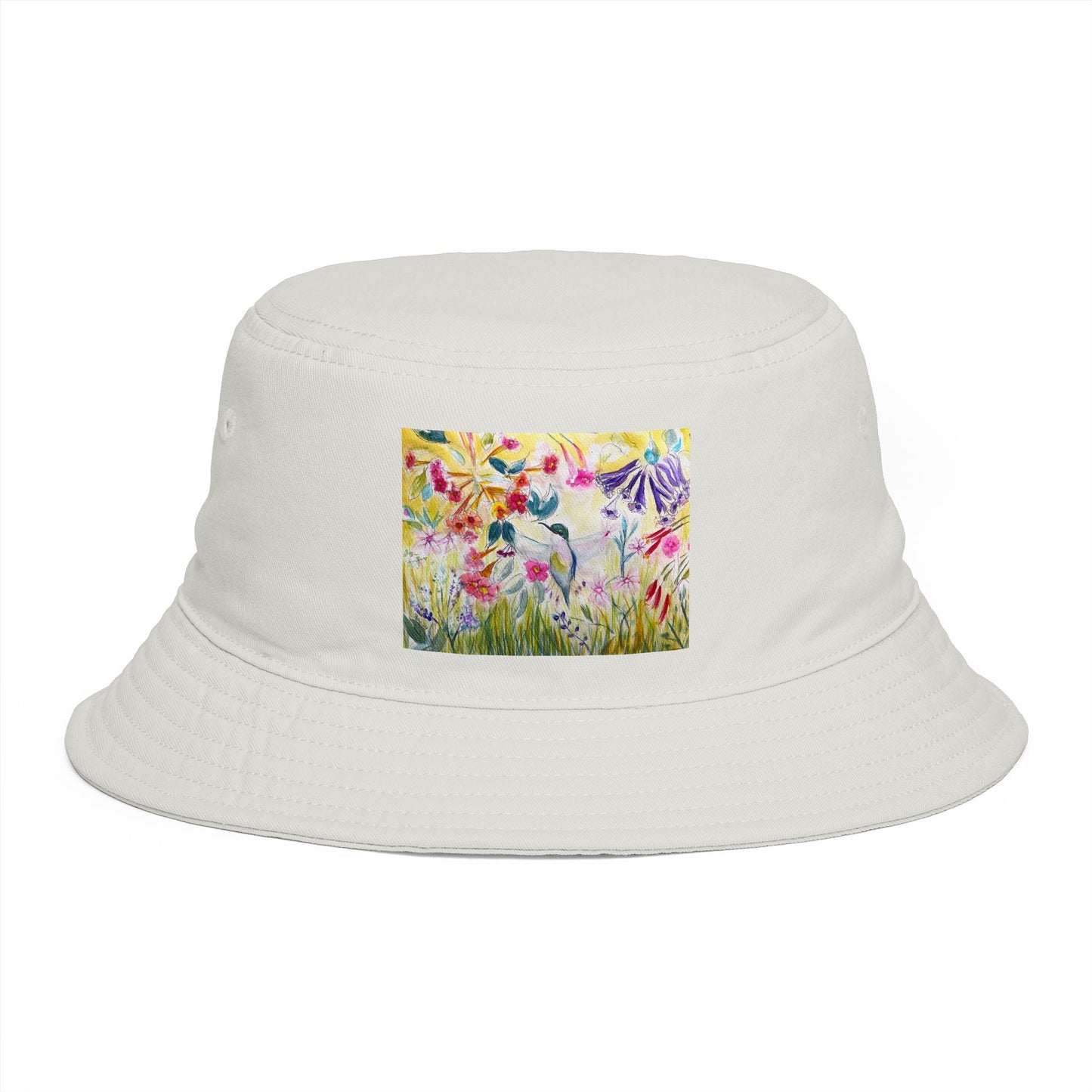 Roxy Rich Fine Art -Hummingbird in a Tube Flower Garden - Stylish Durable Bucket Hat