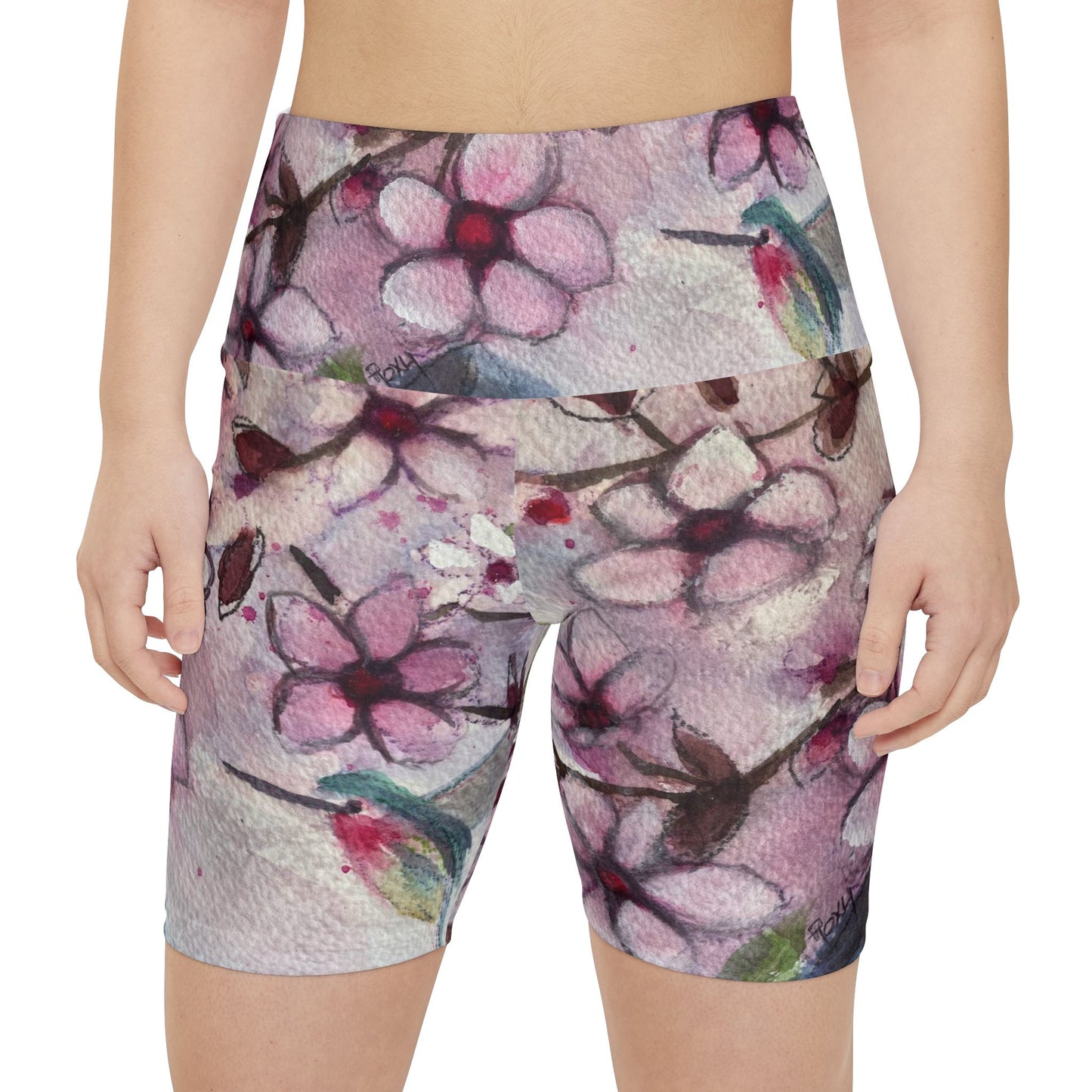 Women's Workout Shorts -Hummingbird in Cherry Blossoms