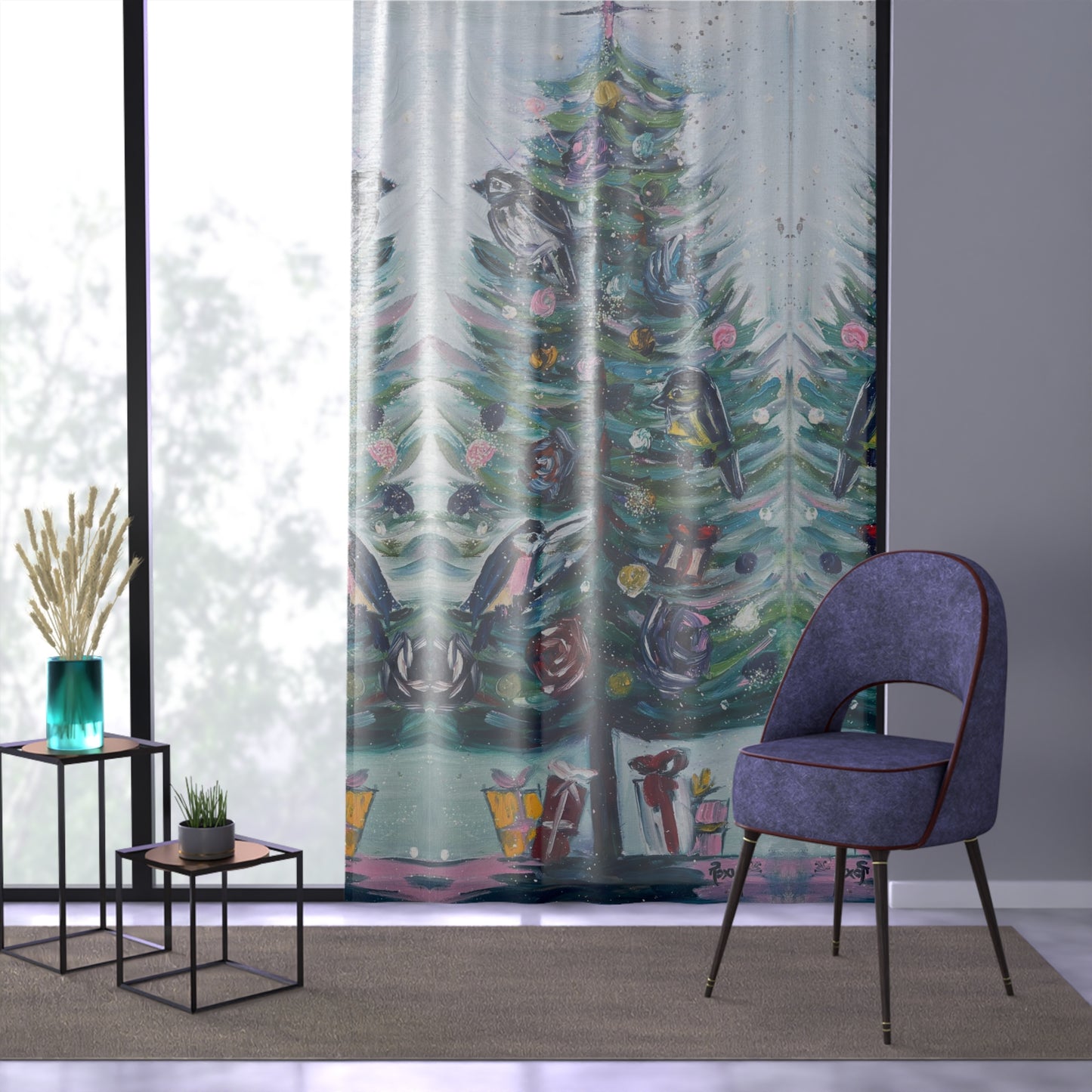 Festive Feathers -Birds in a Christmas Tree 84 x 50 inch Sheer Window Curtain