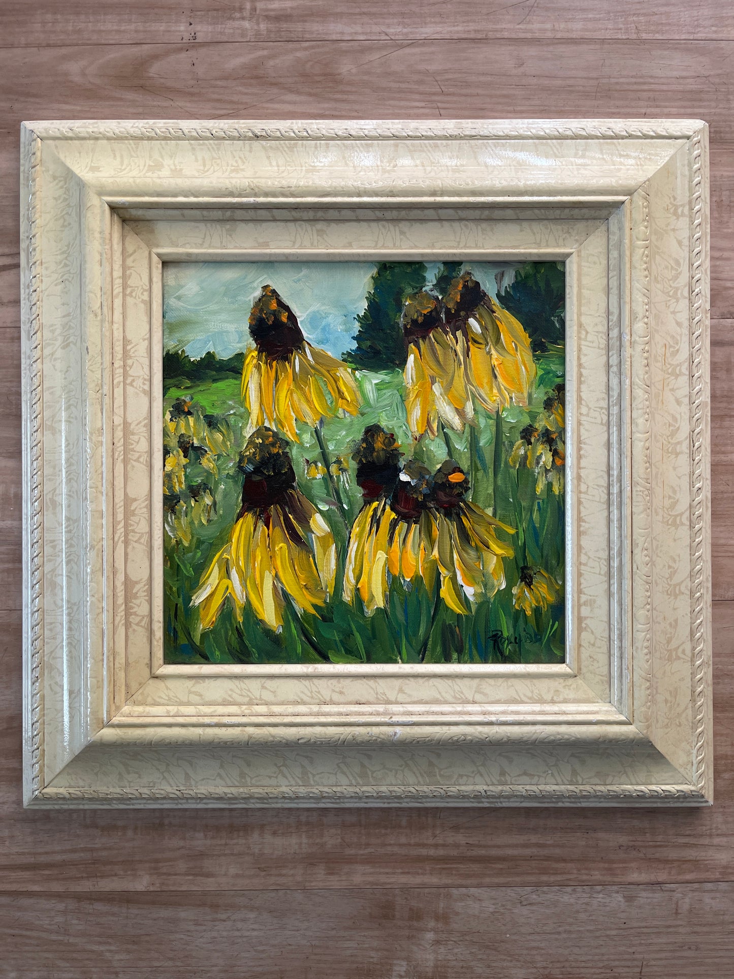 Yellow Coneflowers Original Acrylic Painting 10 x 10 Framed