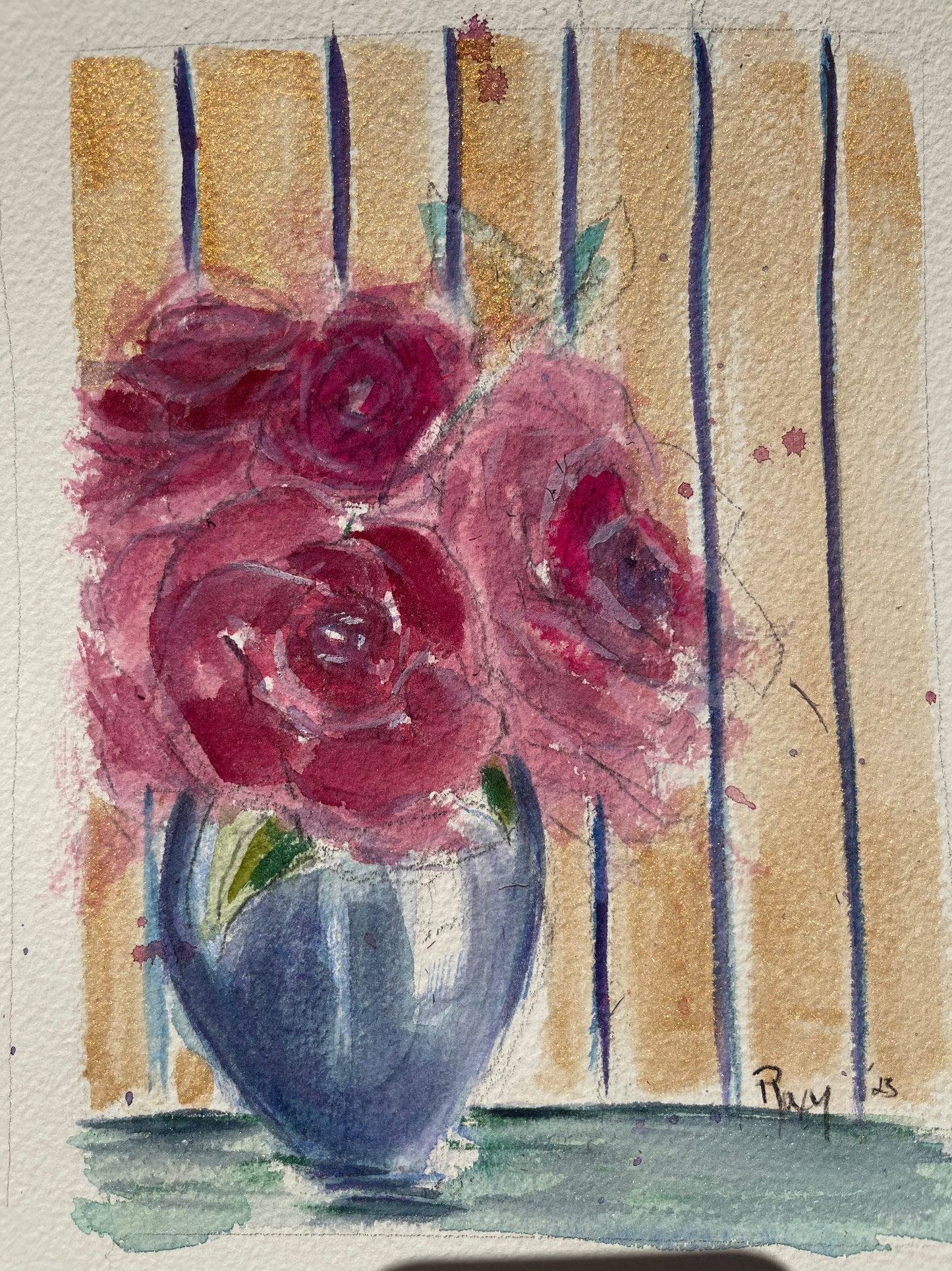 Fluffy Roses in a Blue Vase Original Watercolor Painting 6x8