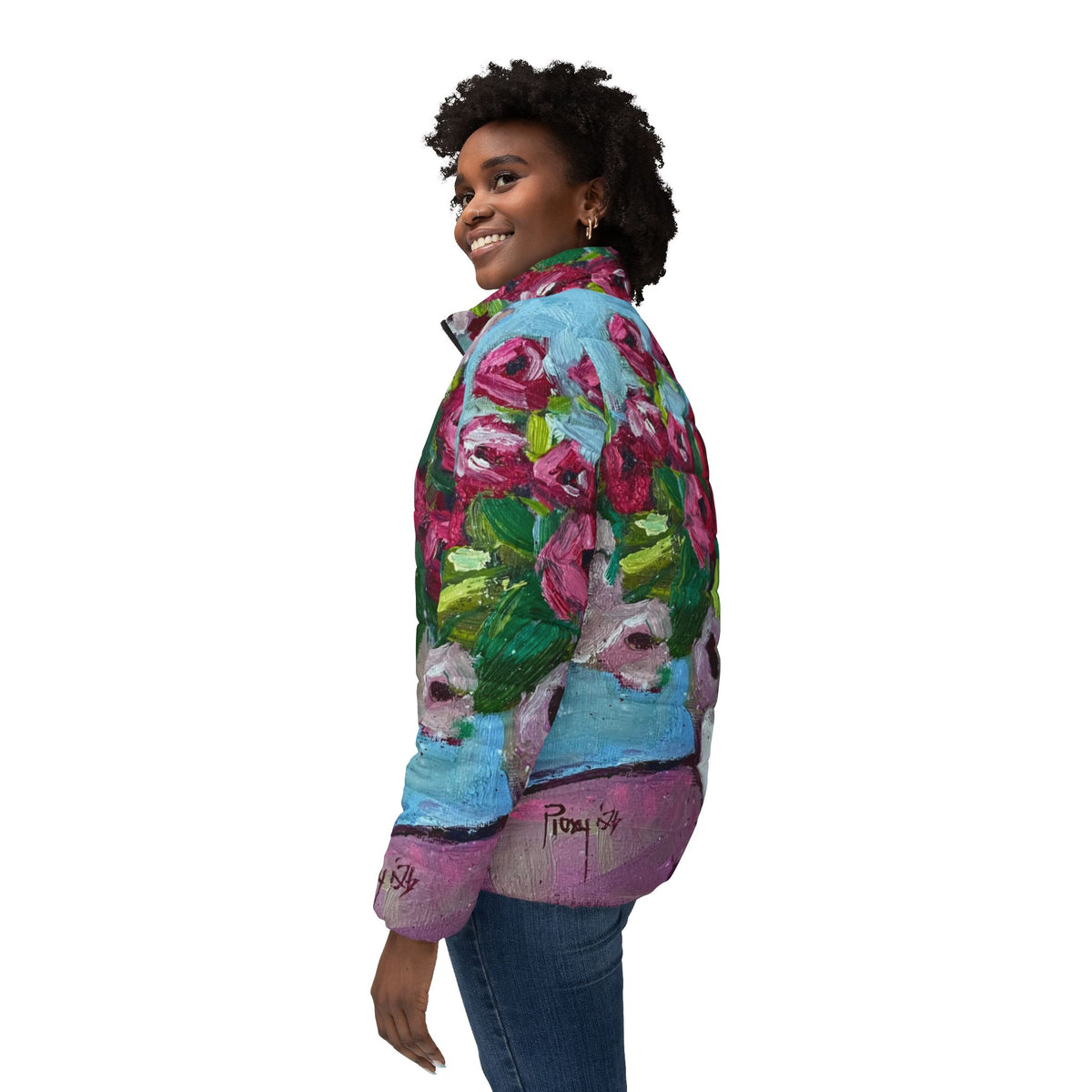 Women's Puffer Jacket - Roxy Rich Fine Art -Blushing Blooms