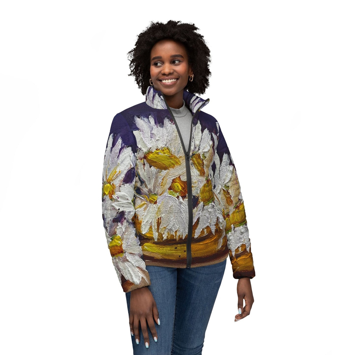 Women's Puffer Jacket - Roxy Rich Fine Art Design-Vase of Daisies