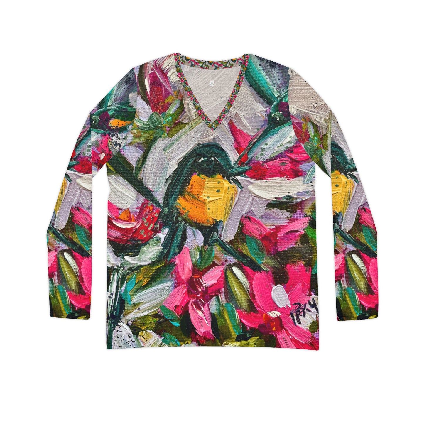 Women's Long Sleeve V-neck Shirt -Colorful Encounter-Goldfinch with Oleander Blooms