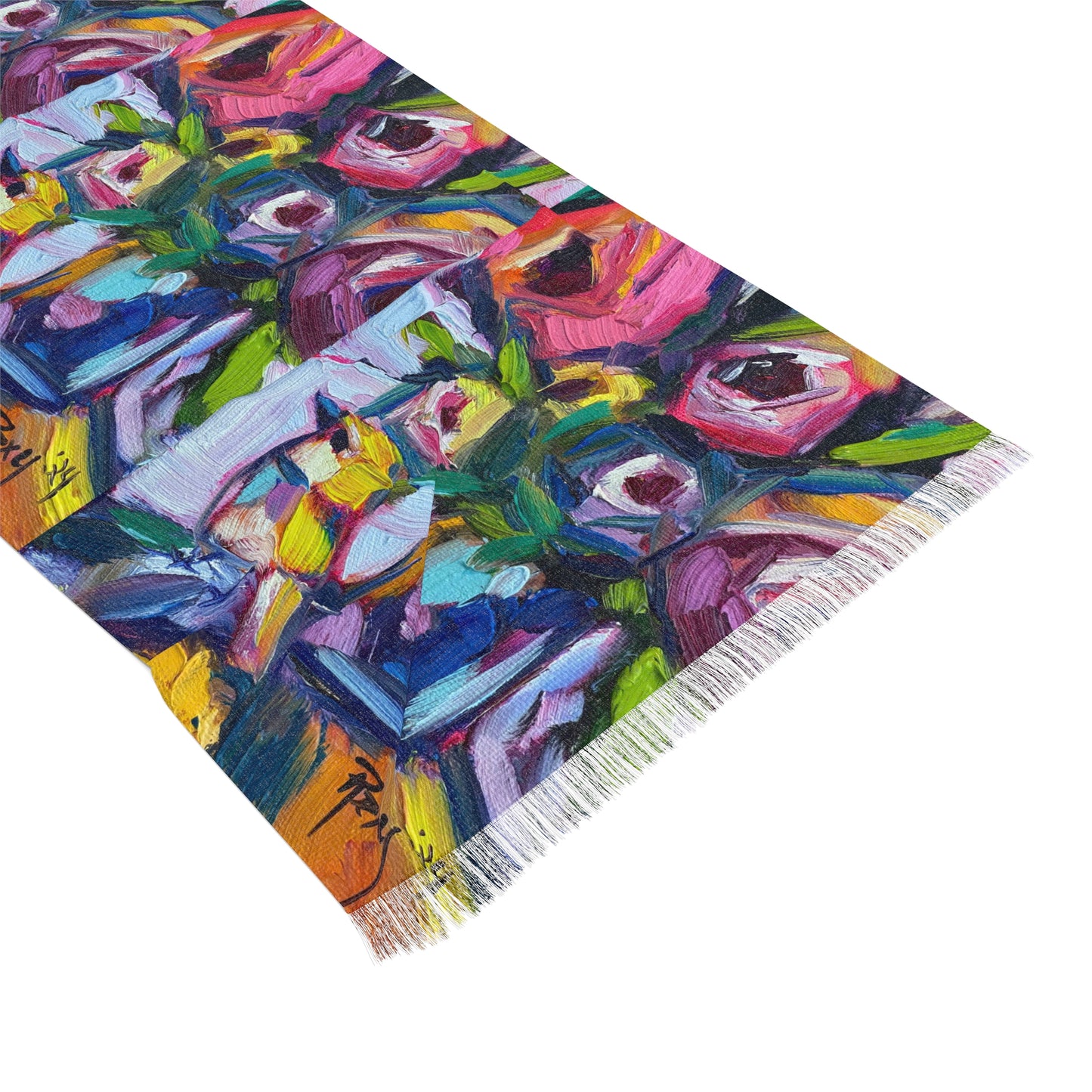 Colorful Scarf — Artistic Lightweight Neck Wrap- Roses and Tit Bird