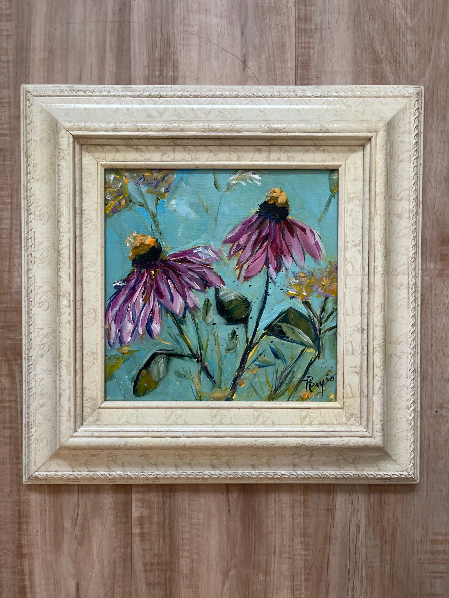 Purple Coneflowers Original Acrylic Painting 10 x 10 Framed