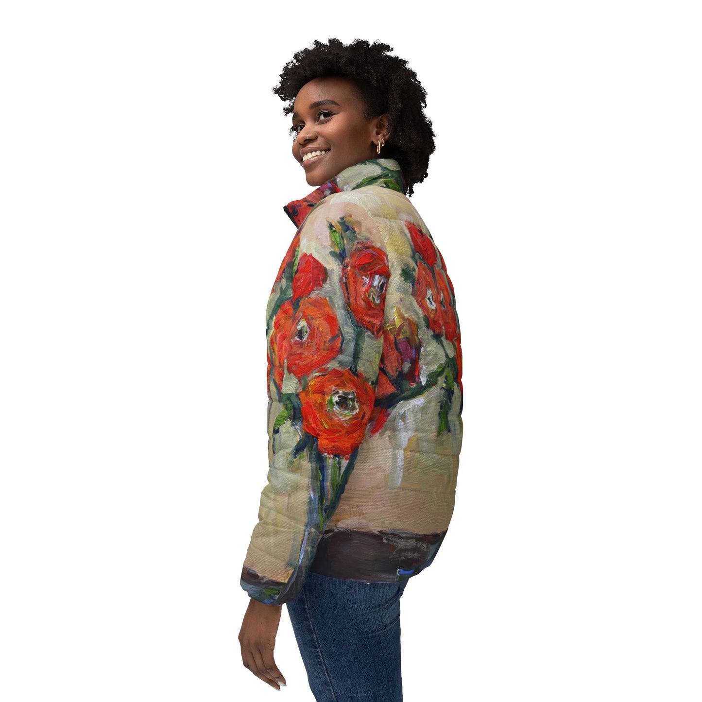 Women's Puffer Jacket - Roxy Rich Fine Art -Orange Ranunculas