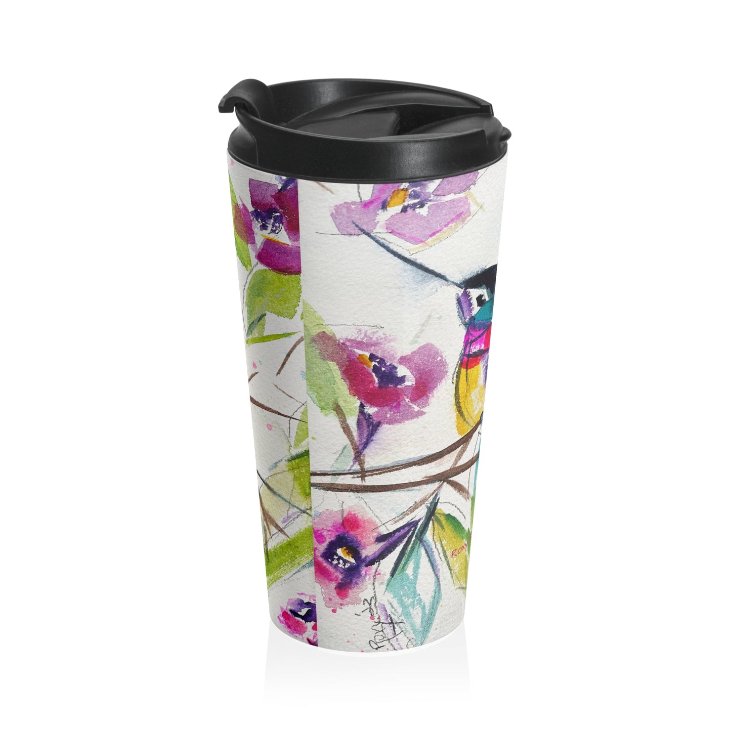 Taza de viaje de acero inoxidable con percha de colibrí