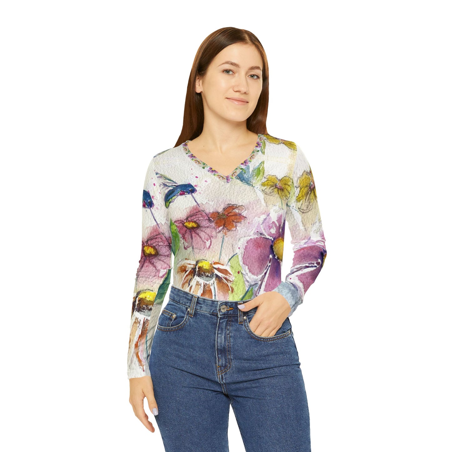 Long Sleeve Shirt- Hummingbird in the Garden- V-neck Women's