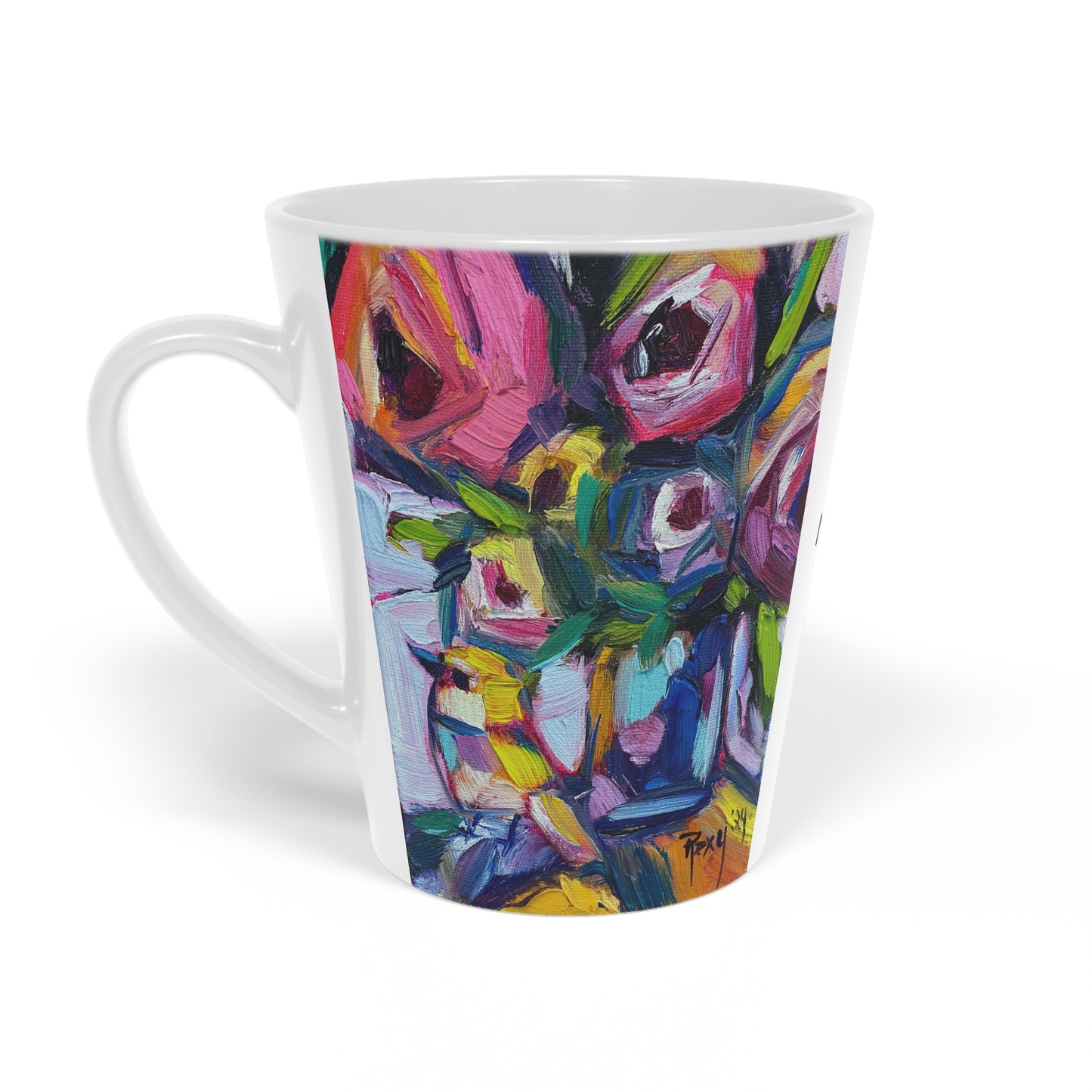 Abstract Roses and Yellow Tit Bird "Good Morning!" Latte Mug, 12oz