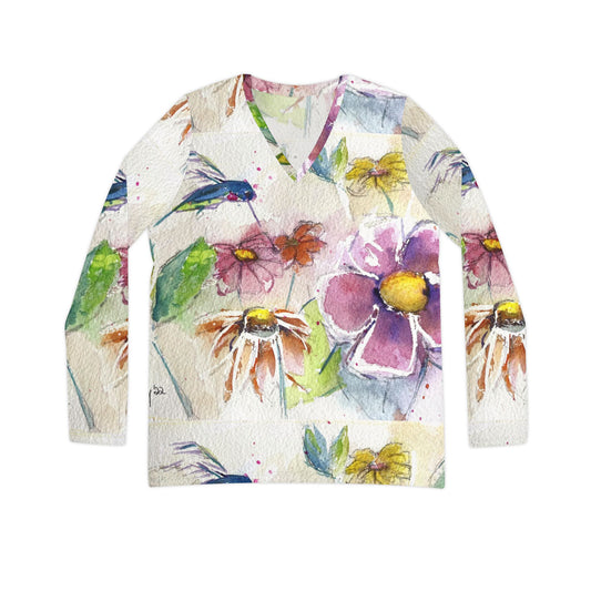 Long Sleeve Shirt- Hummingbird in the Garden- V-neck Women's