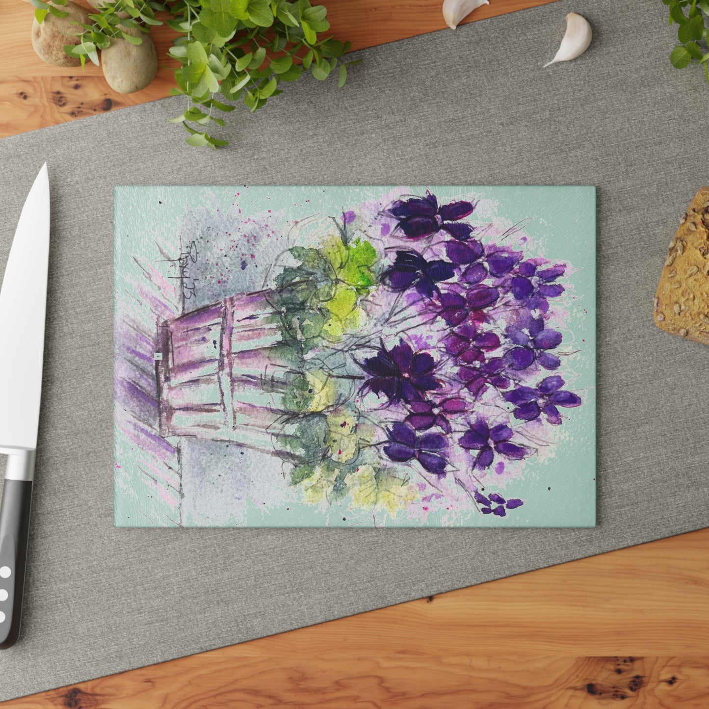 Purple Ivy Geraniums in a Basket Glass Cutting Board