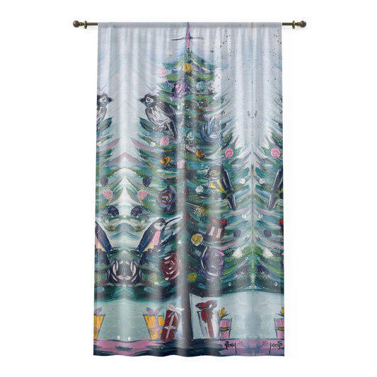 Plumes festives - Oiseaux dans un arbre de Noël Rideau de fenêtre transparent 84 x 50 pouces