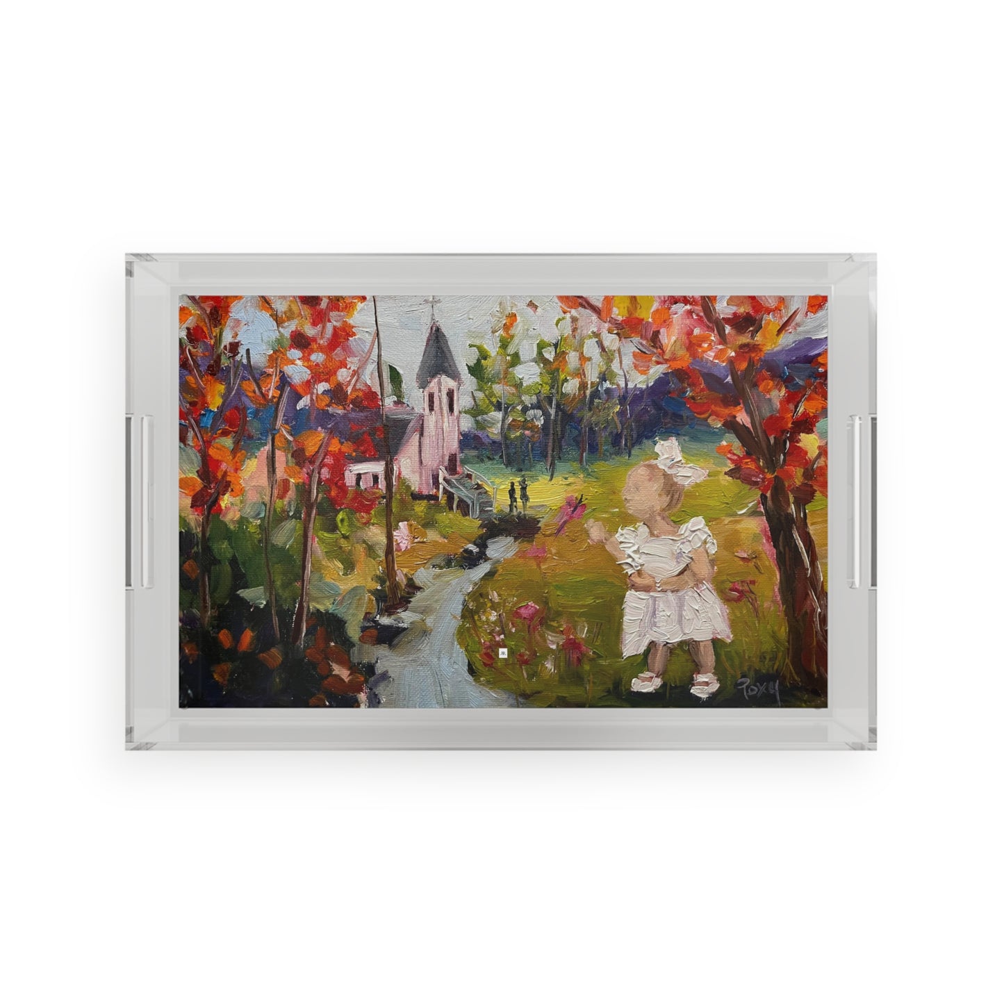 Isla at the Baptism (Rural Church Landscape with Toddler) Acrylic Tray