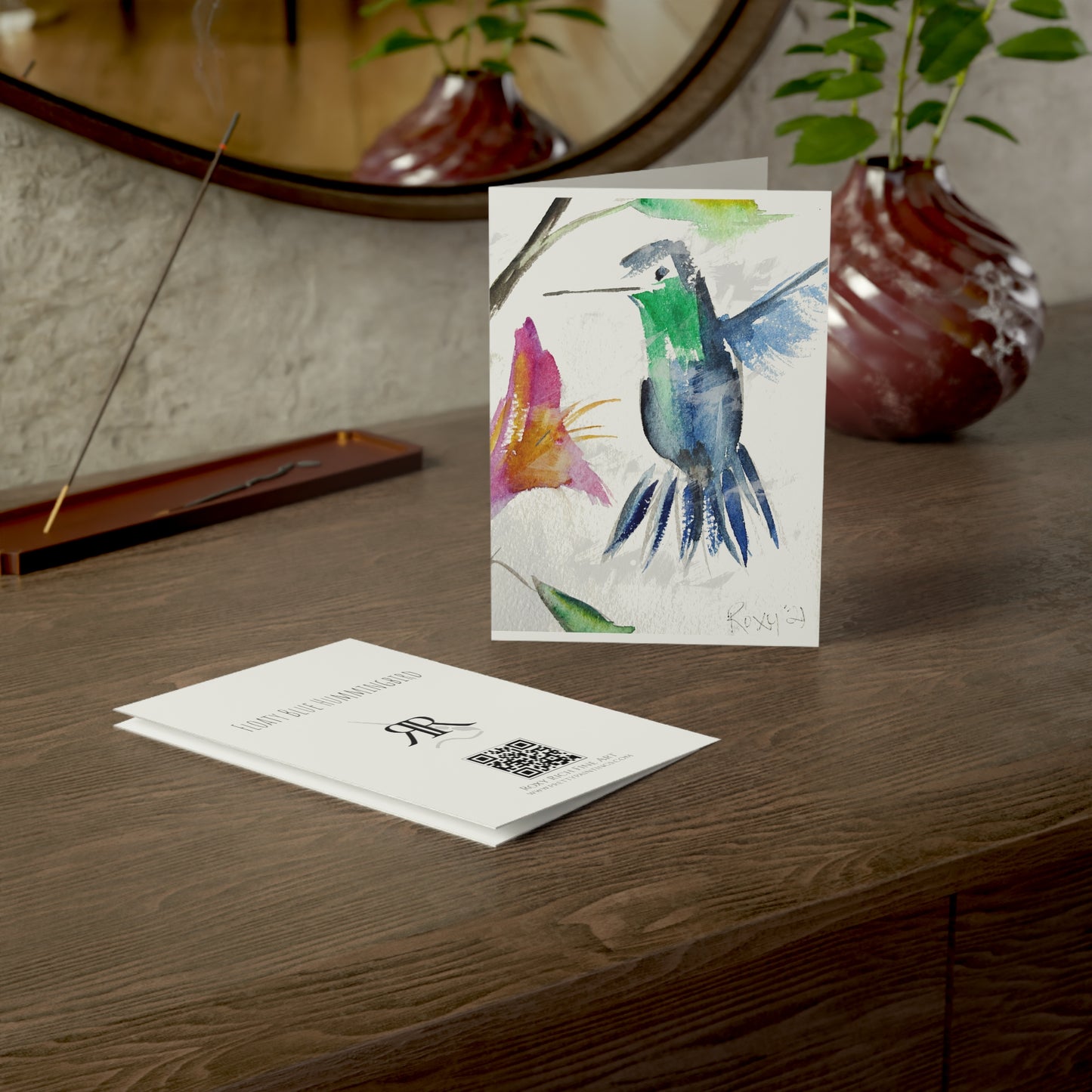 Floaty Blue Hummingbird Happy Mother's Day (with sentiment) Folded Greeting Cards
