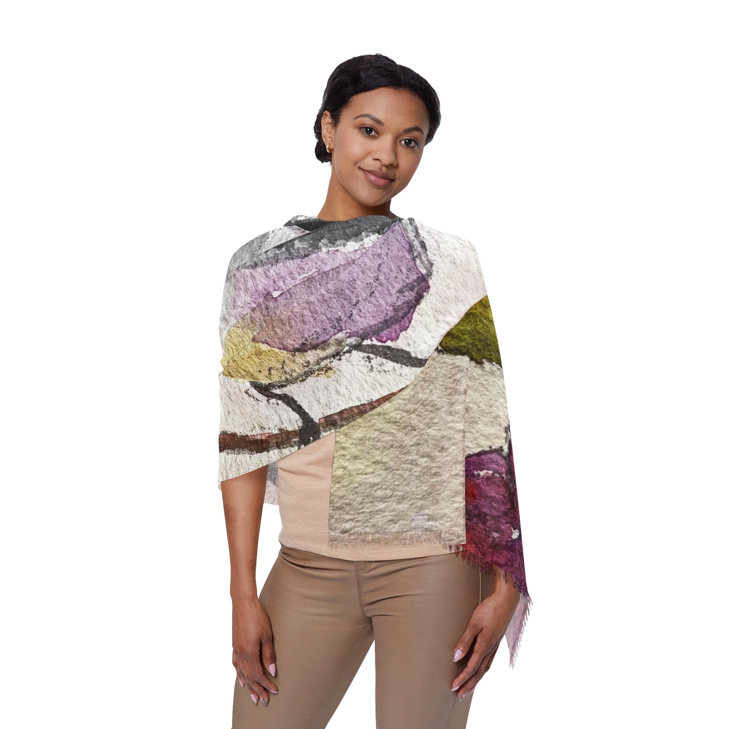 Colorful Scarf — Artistic Lightweight Neck Wrap- Chickadee in a Berry Tree-Large Print