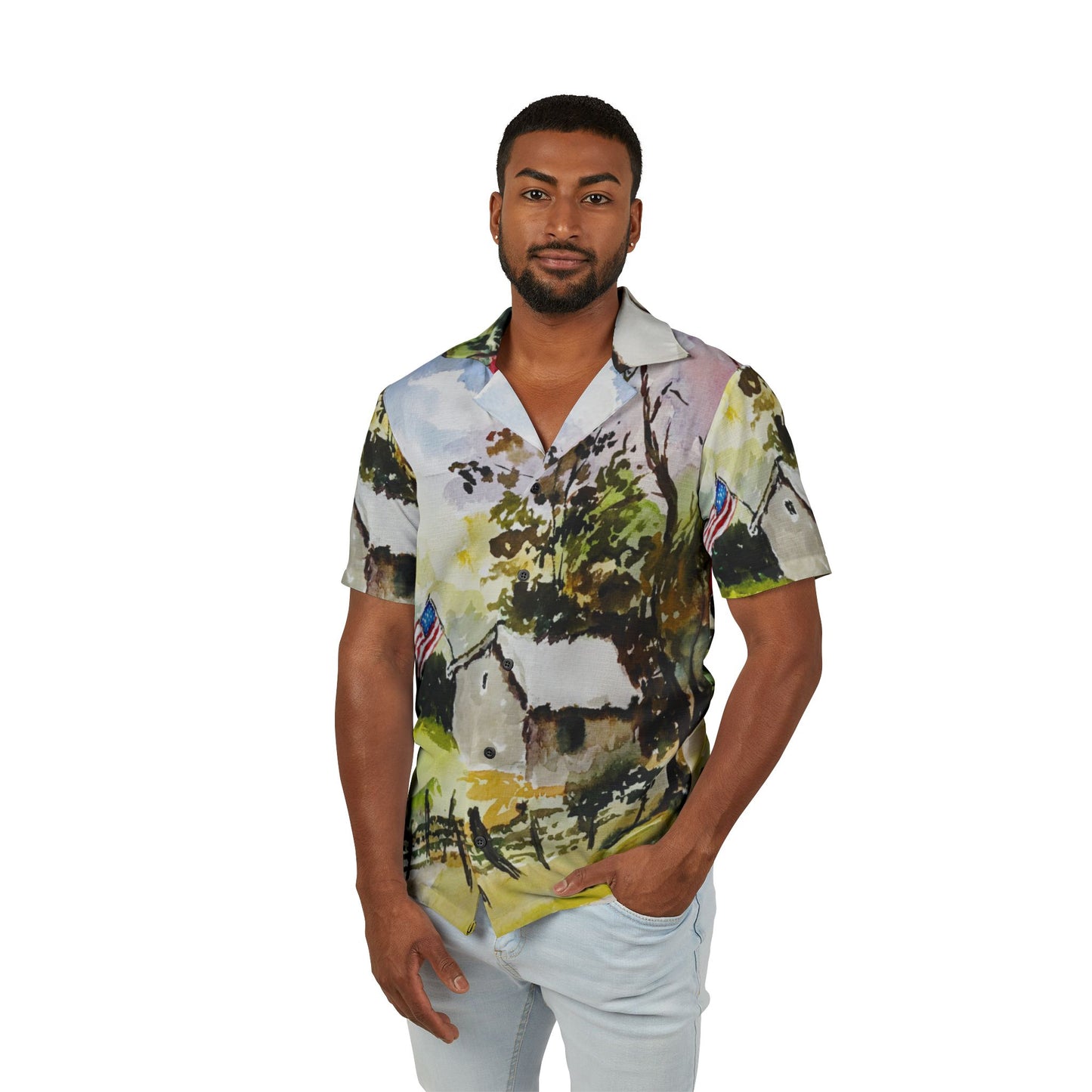 Men's Hawaiian Camp Shirt — Elegant 250th America Anniversary Patriotic Artwork by Roxy Rich