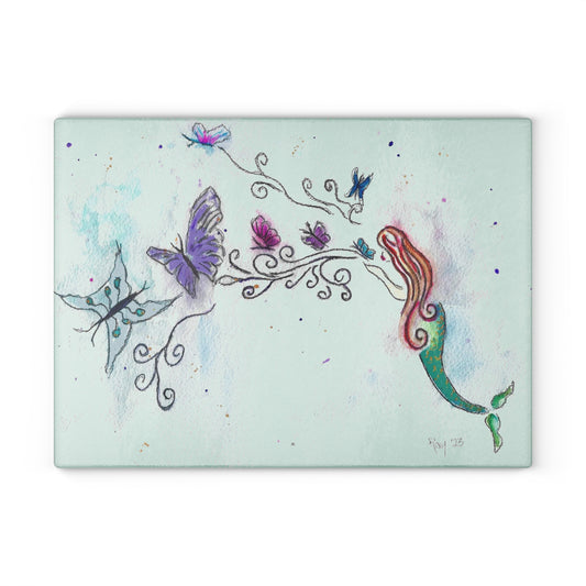 Mermaid Butterfly Kisses Glass Cutting Board