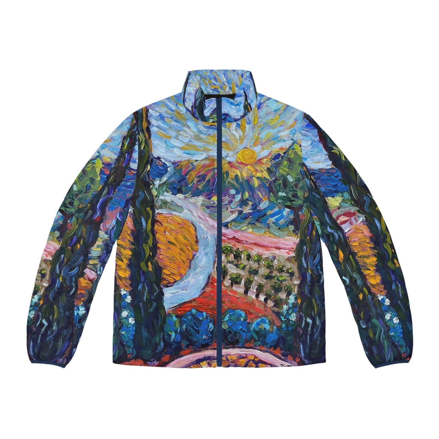 Men's Puffer Jacket - Roxy Rich Art, Unique Bright Colors-Sunny Cypresses