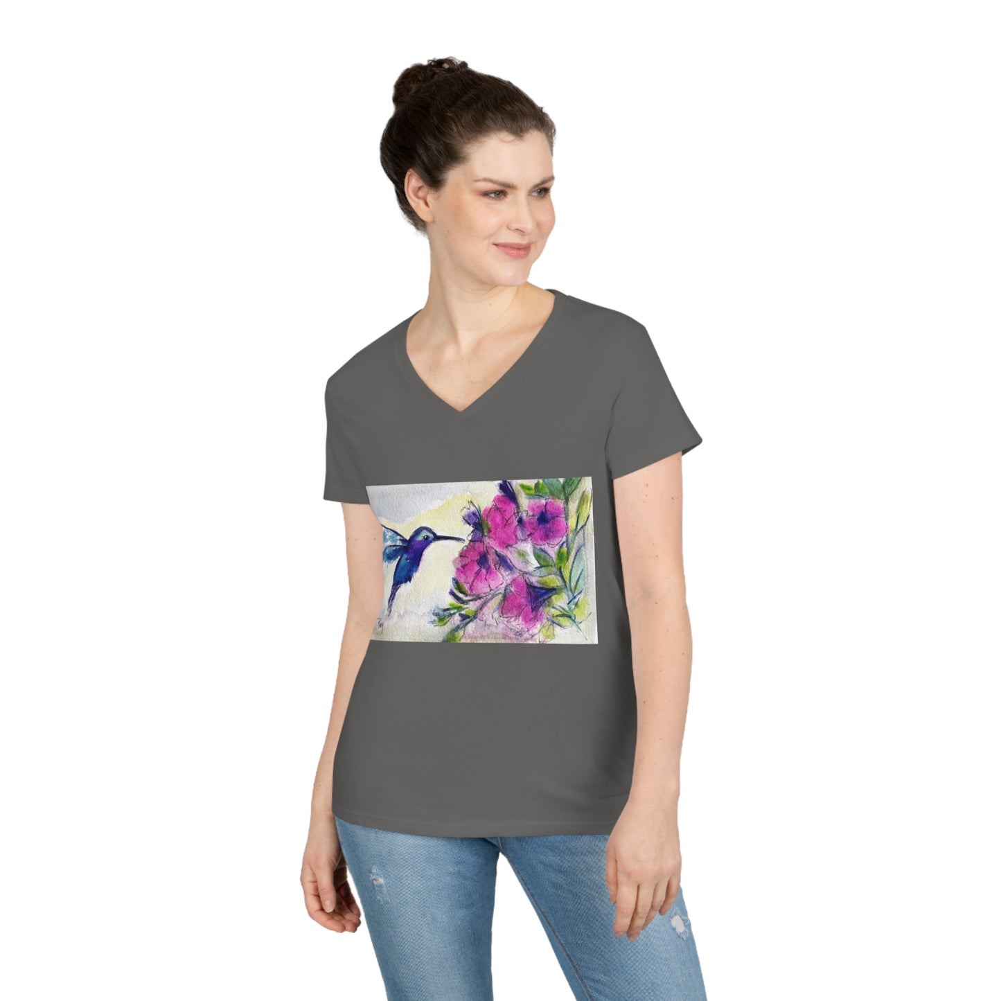Hummingbird with Pink Tube Flowers Ladies' V-Neck T-Shirt