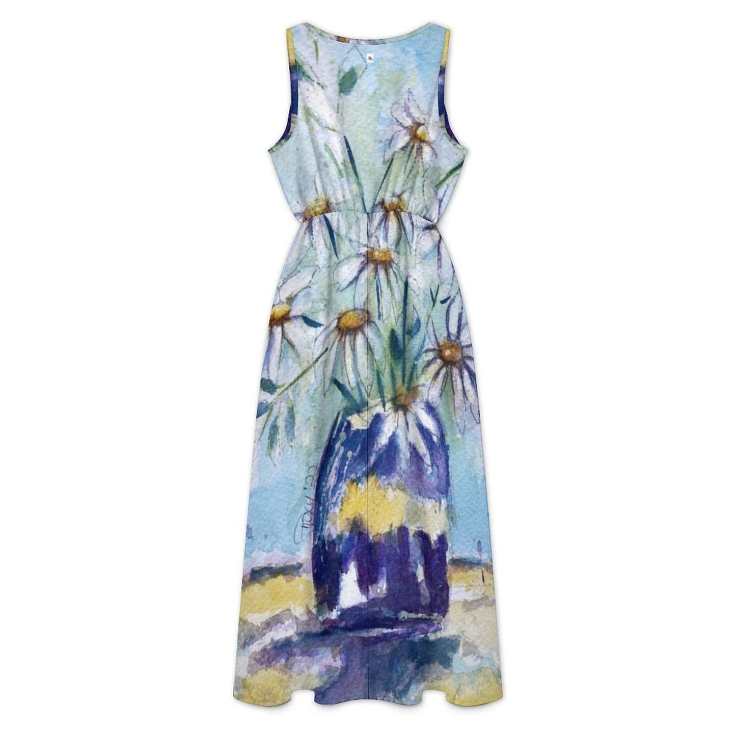 Women's  Sleeveless V-neck Midi Dress with Pockets-Daisies in a Purple Vase