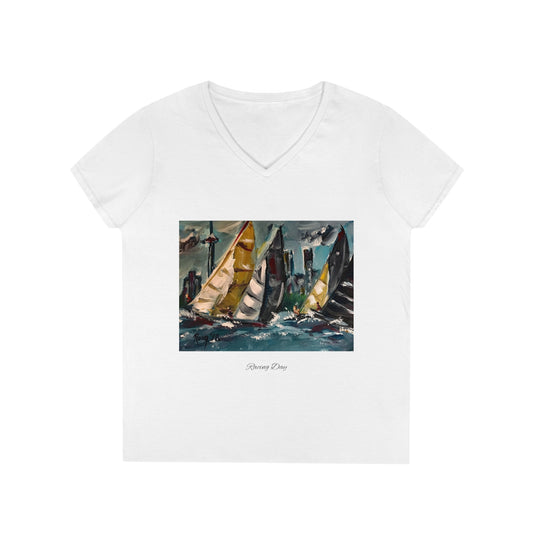 T-shirt col V pour femme Racing Day Sailboat Racing
