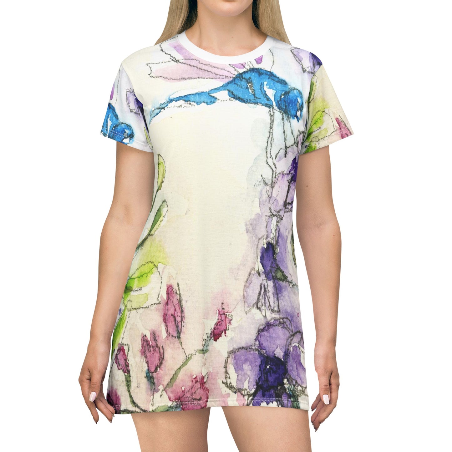 T-Shirt Dress -Blue Dragonfly in Purple Tube Flowers