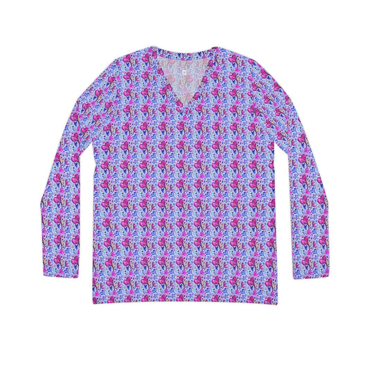 Women's Long Sleeve V-neck Shirt -Floating Hearts Parade
