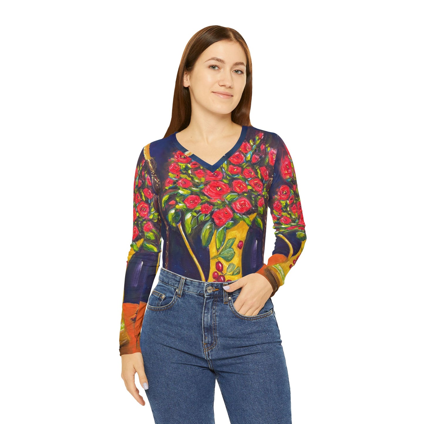 Women's Long Sleeve V-neck Shirt -Candlelit Corals