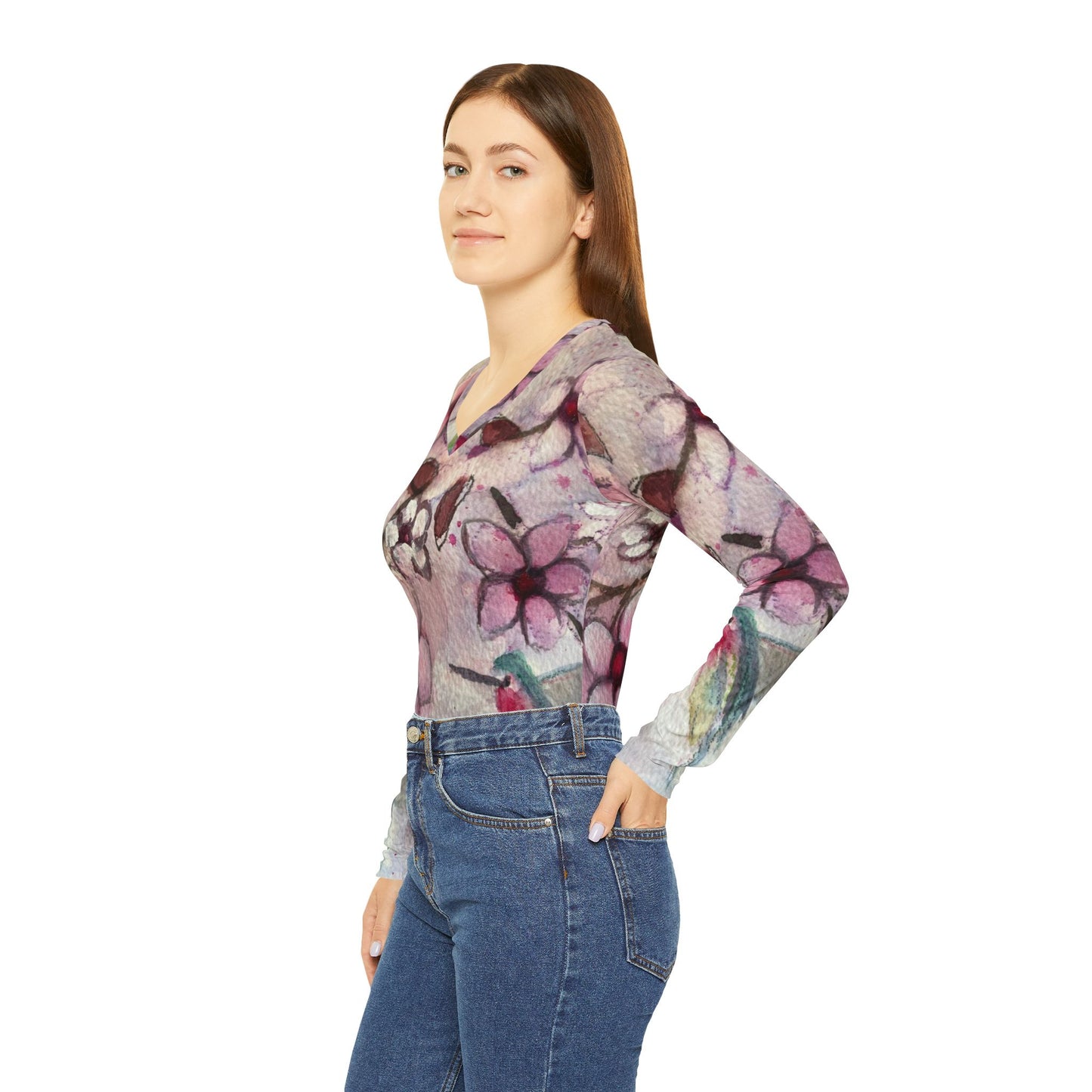 Long Sleeve Shirt-Hummingbird in Cherry Blossoms- V-neck Women's