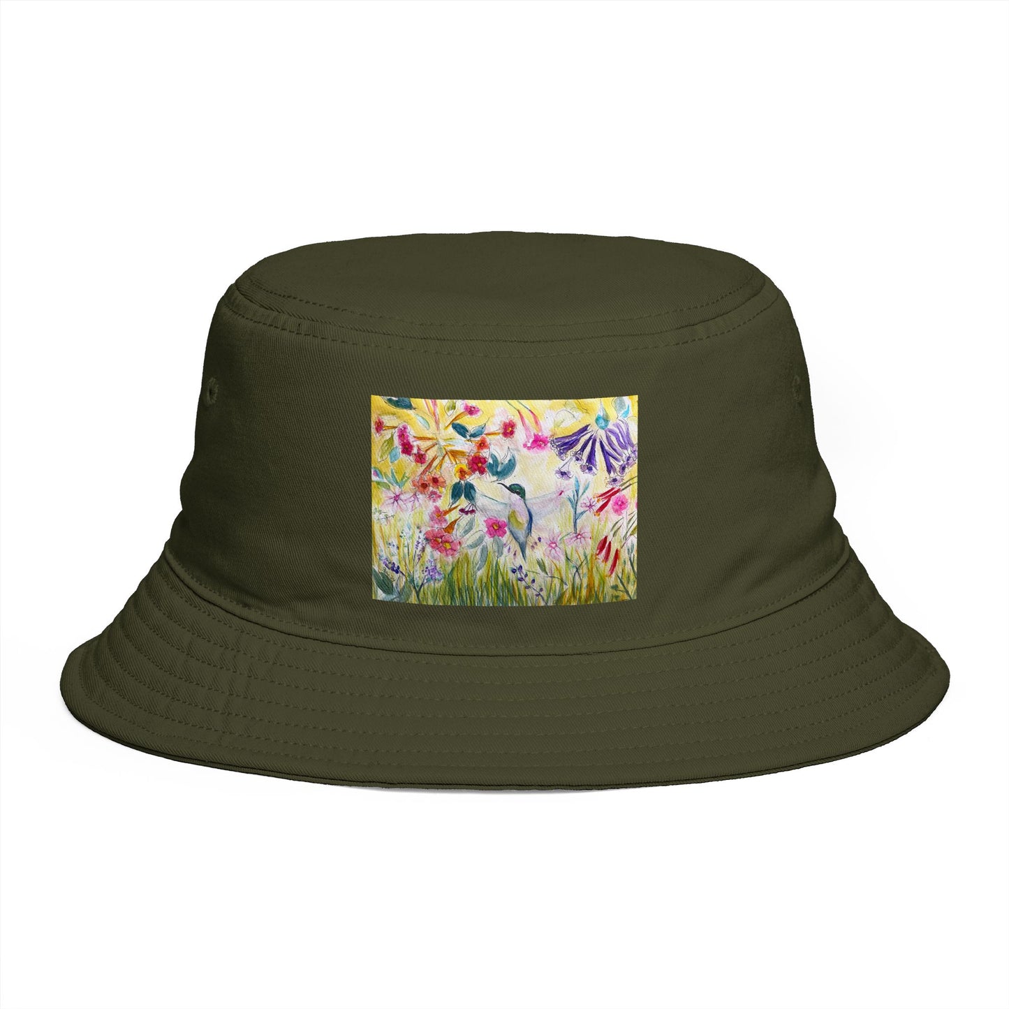 Roxy Rich Fine Art -Hummingbird in a Tube Flower Garden - Stylish Durable Bucket Hat