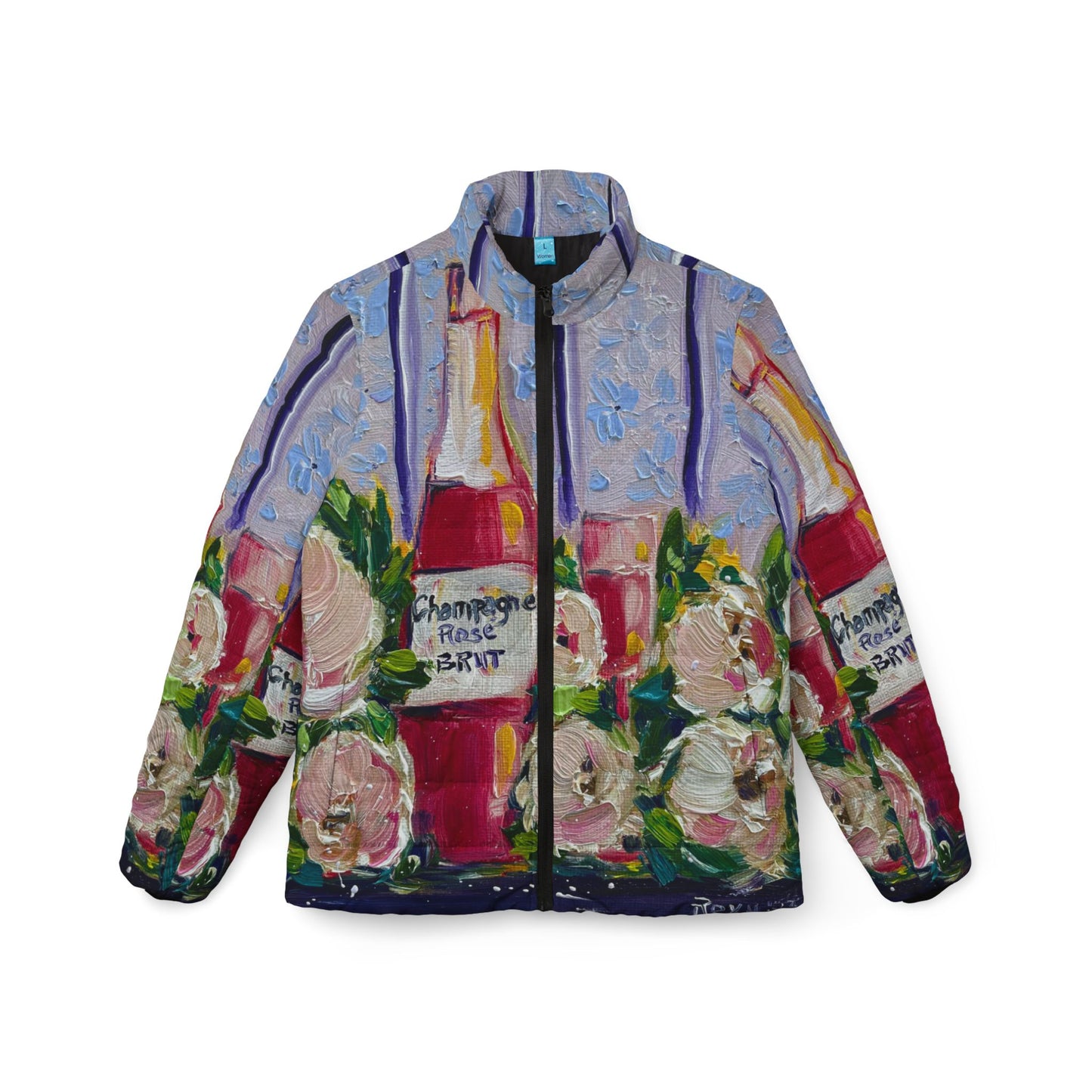 Women's Puffer Jacket - Roxy Rich Fine Art -Pink Champagne and Peonies