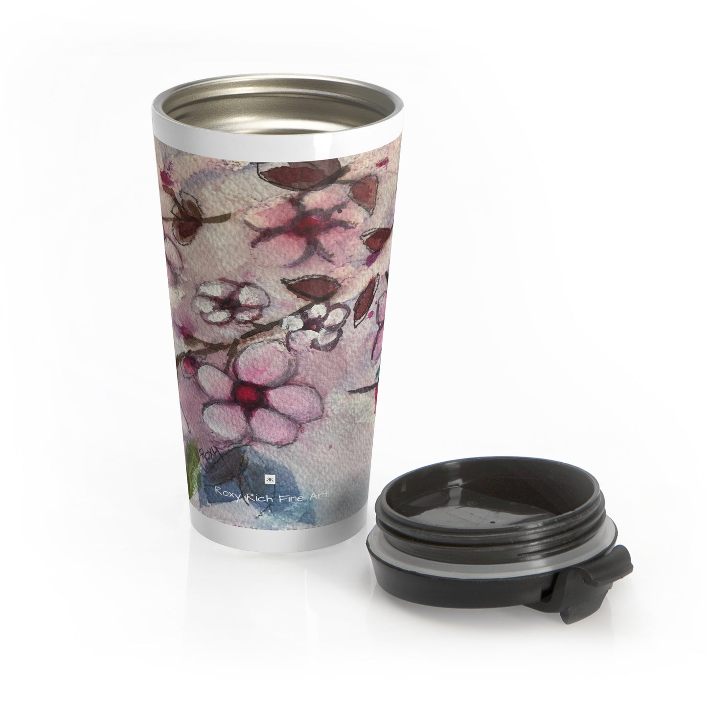 Taza de viaje de acero inoxidable Colibrí en flores de cerezo