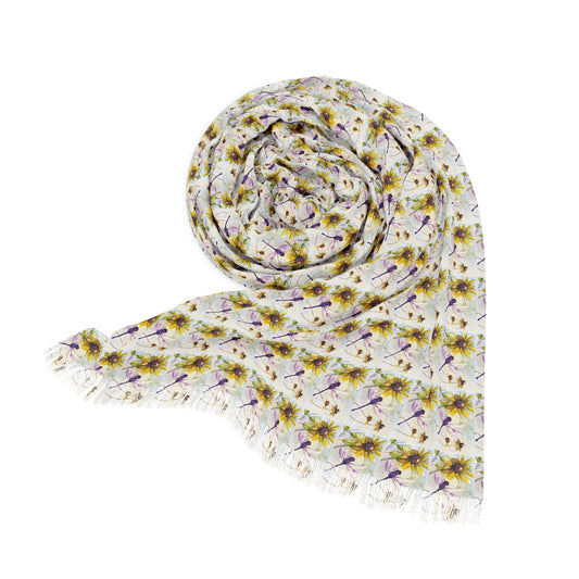 Colorful Scarf — Artistic Lightweight Neck Wrap- Purple Dragonfly on a Coneflower