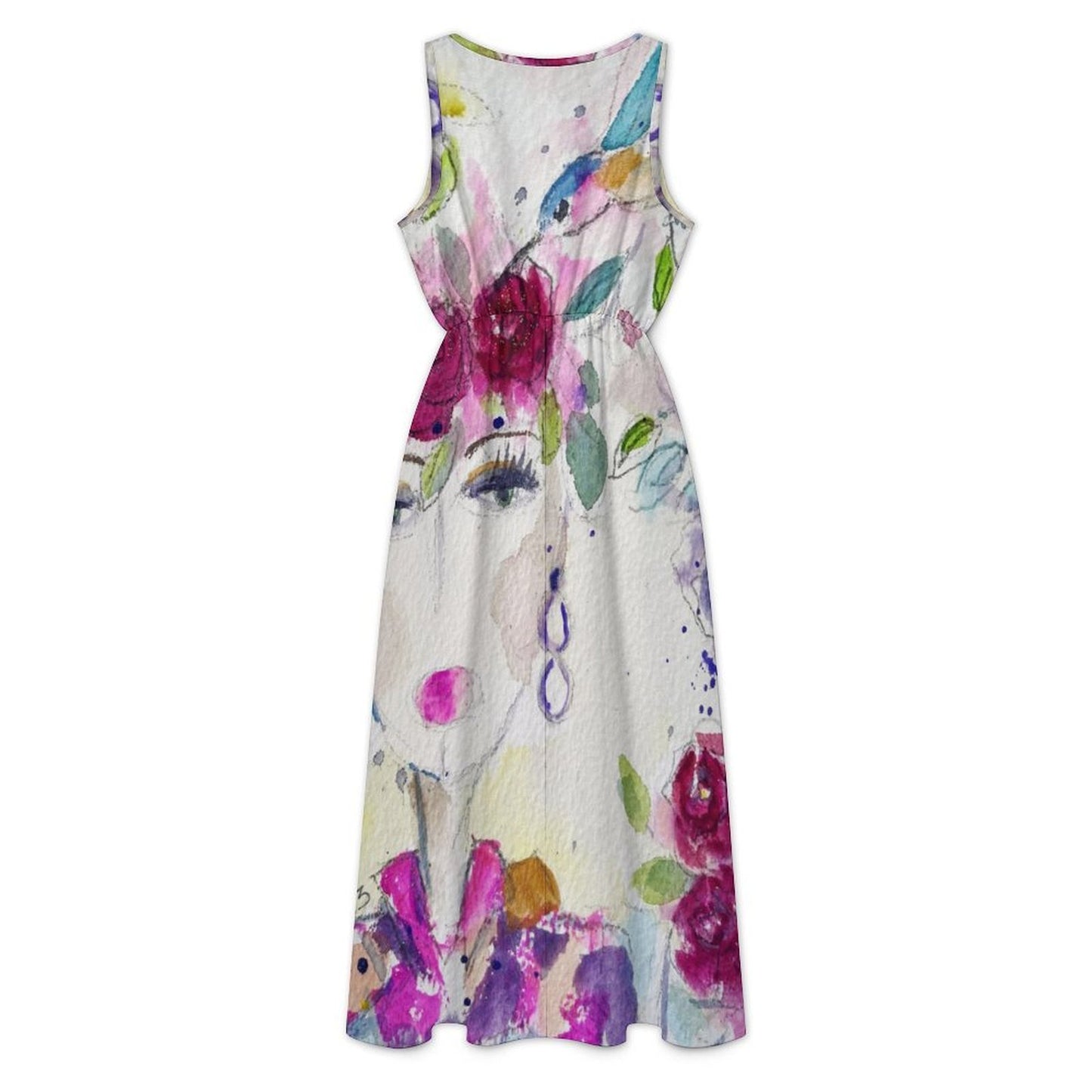 Women's Sleeveless V-neck Midi Dress with Pockets-Haute Couture Hummingbird