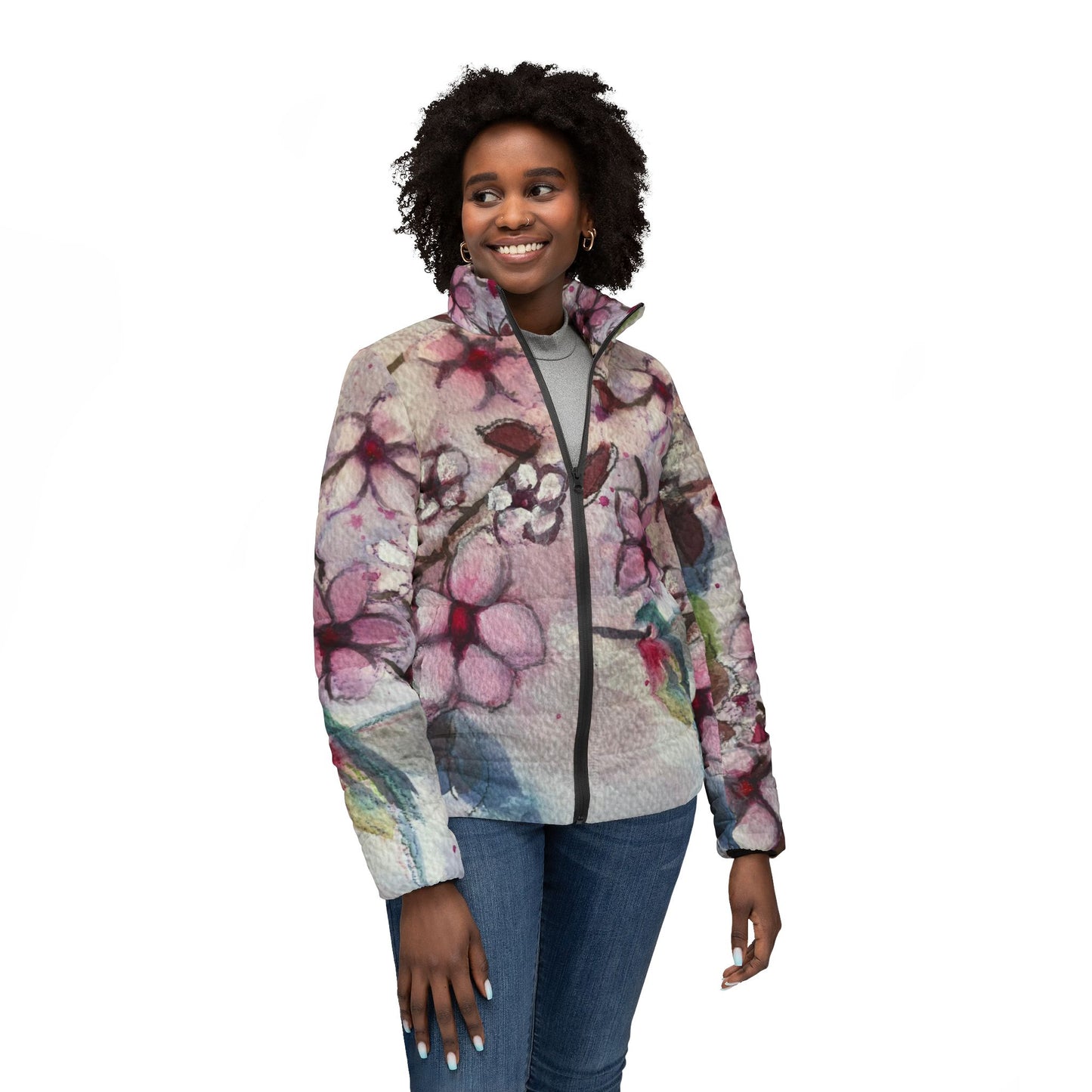 Women's Puffer Jacket - Roxy Rich Fine Art Design-Hummingbird in Cherry Blossoms