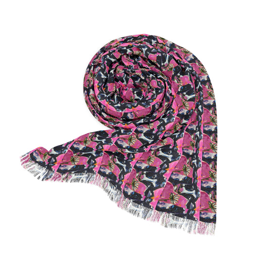 Colorful Scarf — Artistic Lightweight Neck Wrap- Nellie Cow -Adorable Cow with Flower