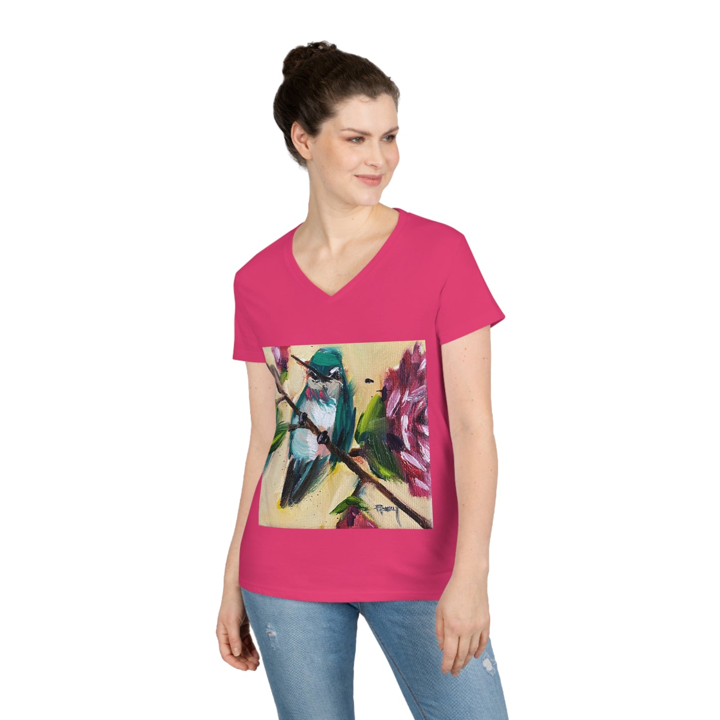 Camiseta con cuello en V para mujer Colibrí en un rosal
