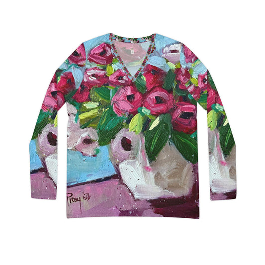 Women's Long Sleeve V-neck Shirt -Blushing Blooms