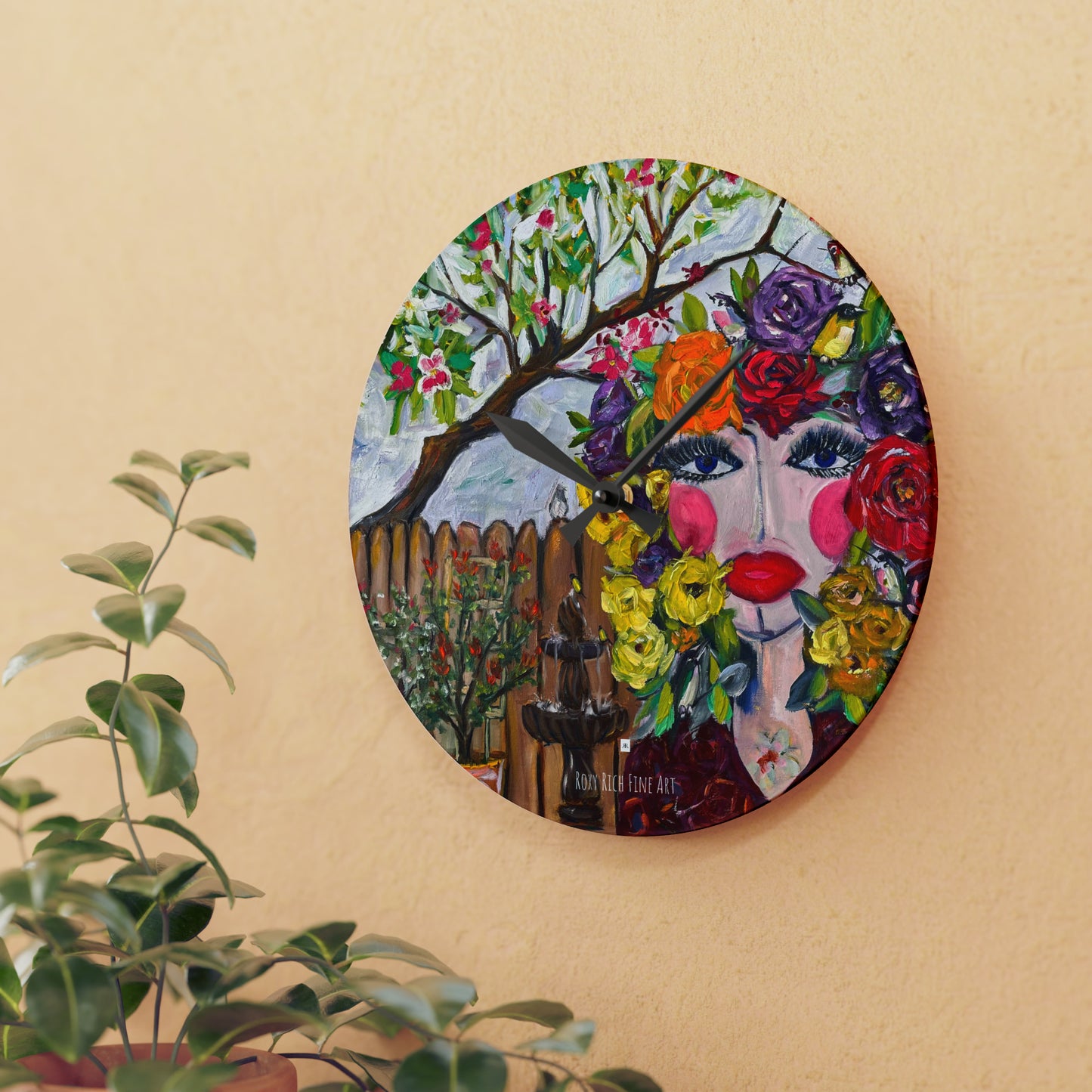 Horloge murale en acrylique oiseaux et fleurs