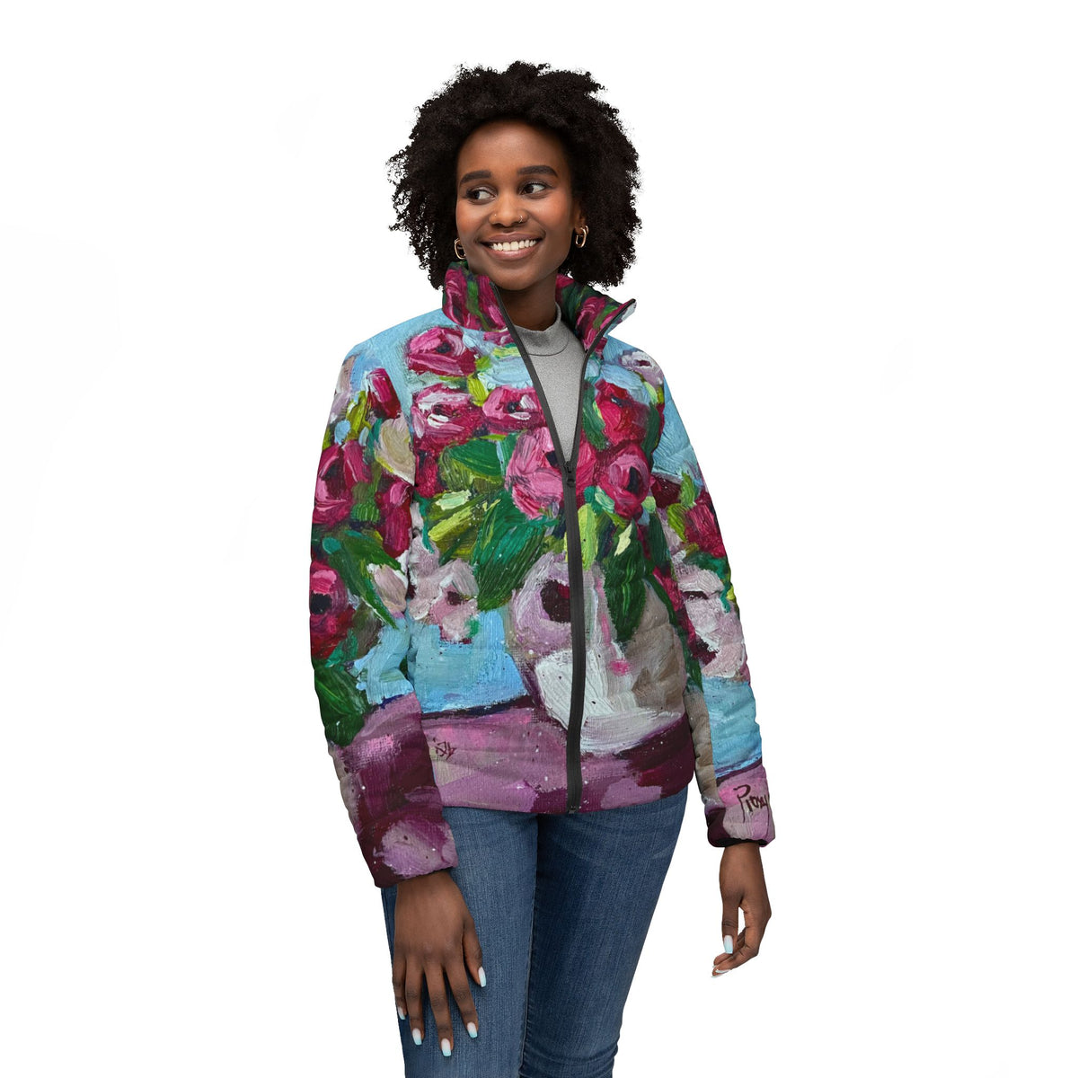 Women's Puffer Jacket - Roxy Rich Fine Art -Blushing Blooms