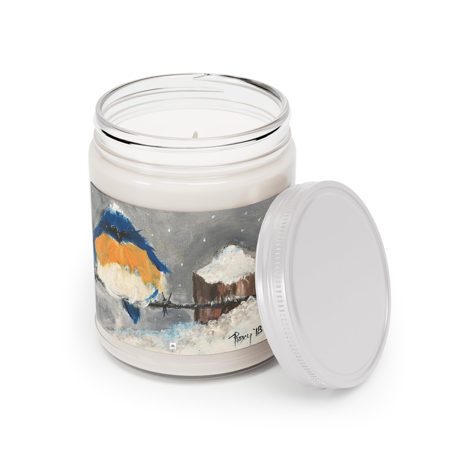 Scented Candle 9oz-Fluffy Fat Bluebird perched on Snowy Barbed Wire
