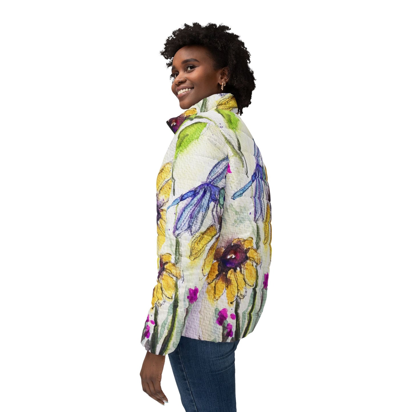 Women's Puffer Jacket - Roxy Rich Fine Art -Blue Dragonfly