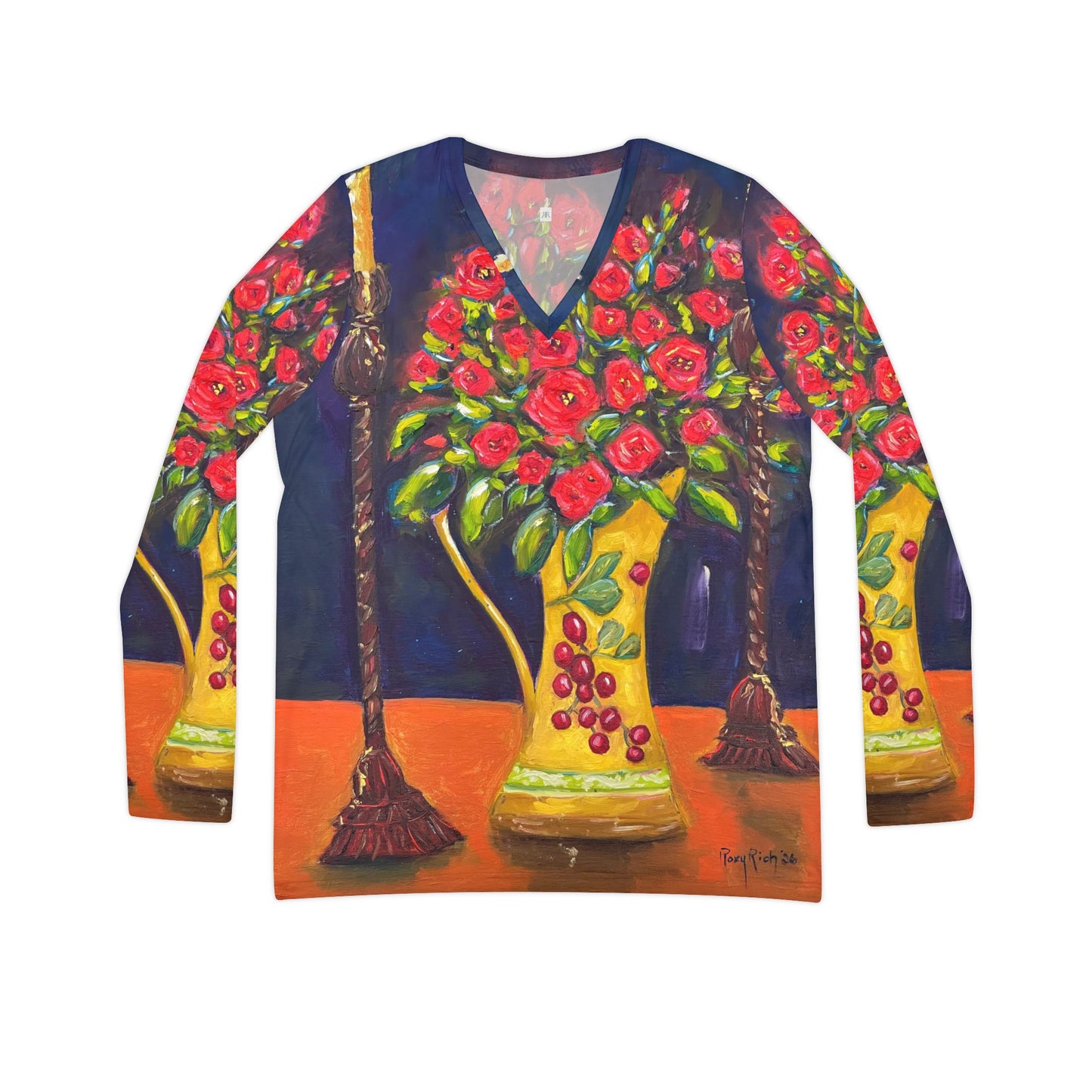 Women's Long Sleeve V-neck Shirt -Candlelit Corals